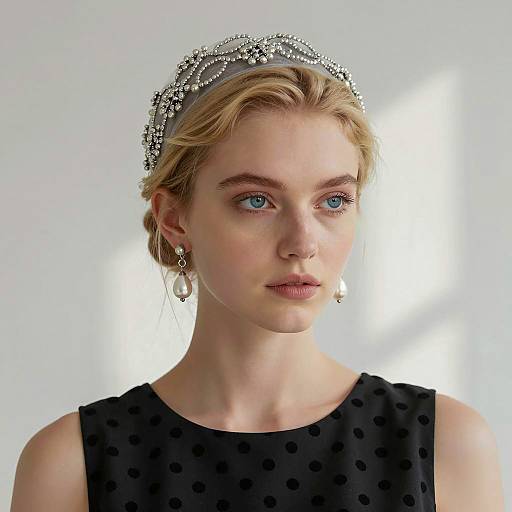 Portrait of young woman with pearl headpiece and earrings