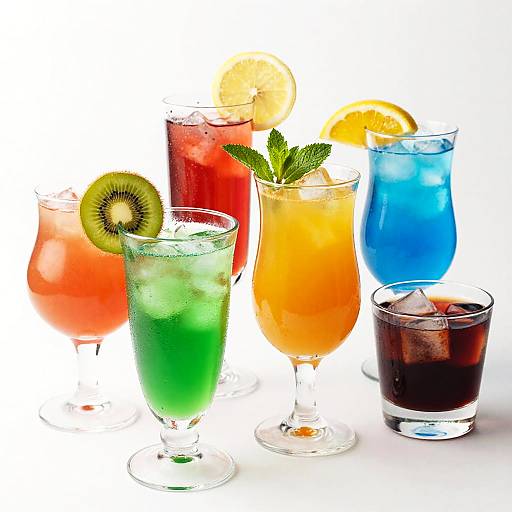 Photograph of six colorful cocktails with fruit slices and ice: green, red, orange, blue, and dark drinks on white background.