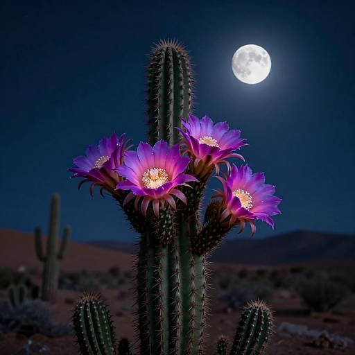 Moonlit desert scene with a tall, spiny cactus adorned with vibrant purple flowers against a dark blue night sky. Full moon in background. Photograph