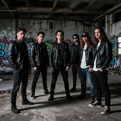 Photograph of six edgy, young men in black leather jackets and jeans, standing in a graffiti-covered, dilapidated warehouse.