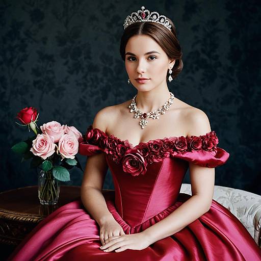 Young Woman in Elegant Red Gown with Tiara