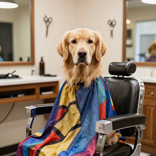 Golden retriever in a barber chair, covered with a colorful striped cape, in a well-lit bathroom with mirrors and countertops.