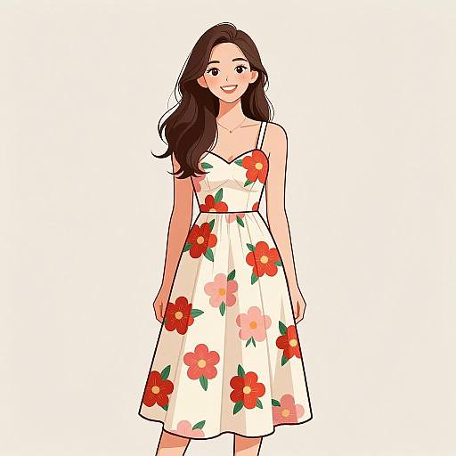 Digital illustration of a smiling woman with long brown hair wearing a white, floral-patterned, sleeveless dress with red, pink, and orange flowers.