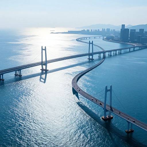 Aerial photograph of a blue-hued, curving suspension bridge over a shimmering sea, with a distant city skyline in the background.