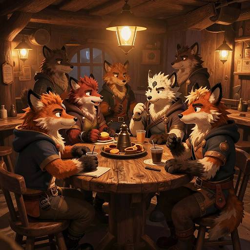 Digital artwork of seven anthropomorphic foxes with varied fur colors, sitting around a wooden table in a warmly lit, rustic tavern. They wear hoodies