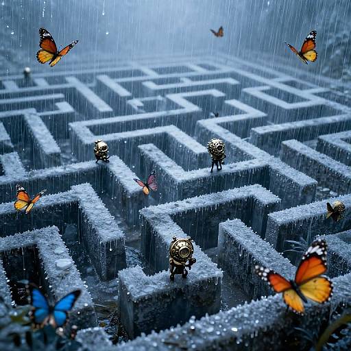 Photograph of a snow-covered, rain-soaked maze with vibrant orange and blue butterflies, and small, detailed fairy-like creatures navigating the path.