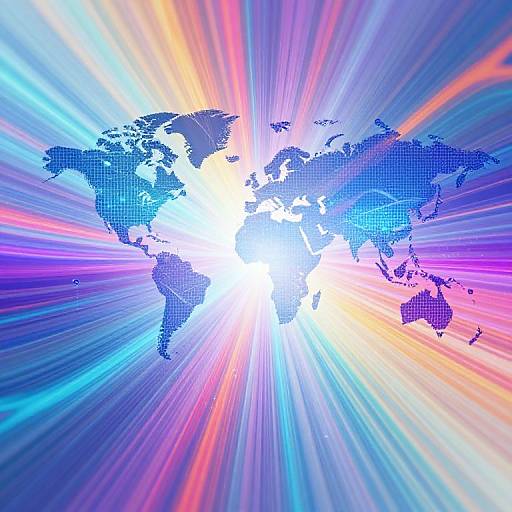 Digital illustration of a blue world map with radiant, colorful light beams in pink, blue, and yellow emanating from the center.