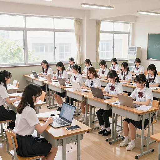 Anime Schoolgirls Studying in Bright Classroom