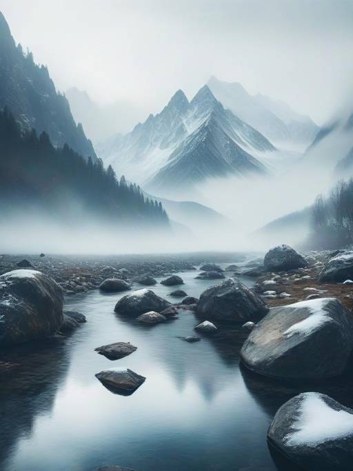 Foggy Mountain River Landscape