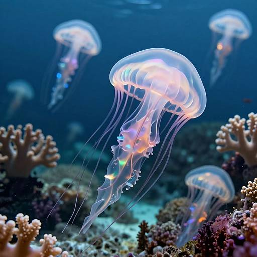 Photograph of glowing jellyfish with translucent, umbrella-shaped bodies and trailing tentacles, floating above a vibrant coral reef in a deep blue underwater ocean scene