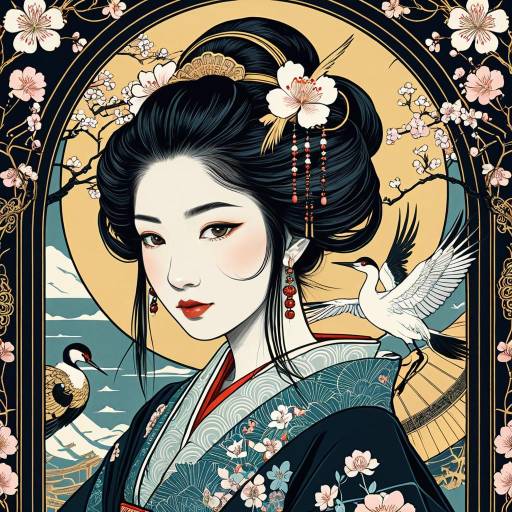 Elegant Geisha with Cranes and Sakura