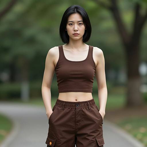 Photograph of an Asian woman with straight black hair, wearing a brown crop top and matching pants, standing with hands in pockets in a blurred, green