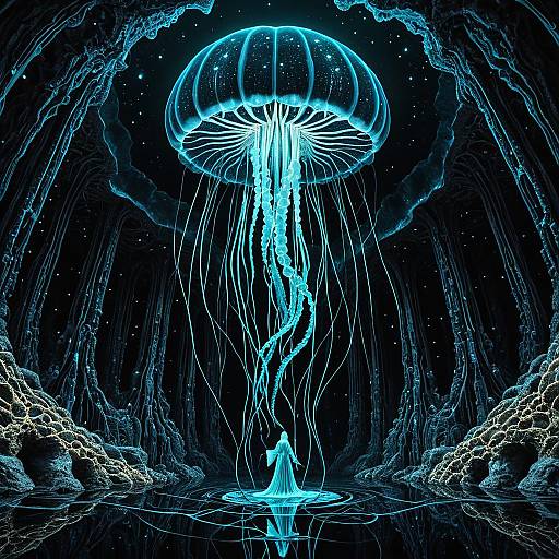 Luminescent Jellyfish Above Abyssal Cave