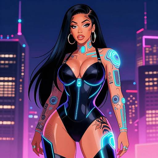 Digital art of a tattooed, dark-haired woman with glowing cybernetic tattoos, in a black, form-fitting bodysuit, standing confidently
