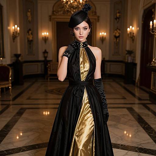 Elegant photograph of a young woman in a black and gold halter gown, black gloves, and hat, standing in an opulent, warmly-l