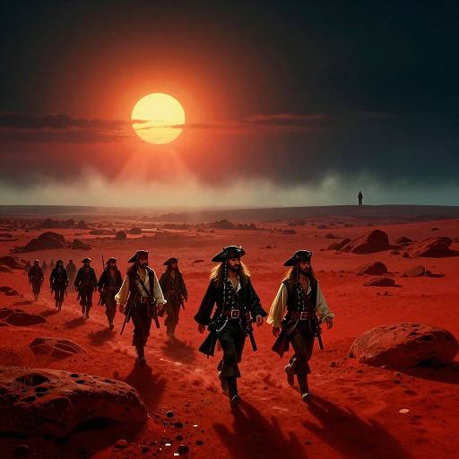 Digital illustration of a group of pirates in black tricorn hats and dark attire walking through a red desert under a glowing, orange sun with misty horizon