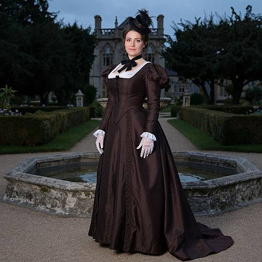 Photograph of a pale-skinned woman in a black Victorian gown with white lace gloves and feathered hat, standing in front of a circular stone fountain
