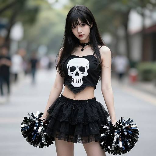 Photograph of an Asian woman with long black hair, wearing a black skull crop top, ruffled skirt, and holding black pom-poms, standing