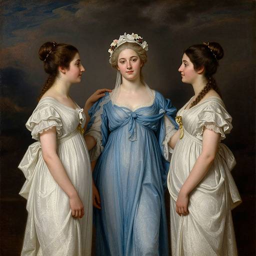 Classical painting of three women; central figure in blue dress with floral headpiece, flanked by two in white dresses, dark cloudy background.