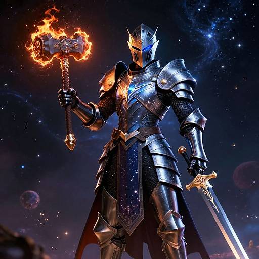 CGI image of a powerful, armored knight with glowing blue visor, holding a flaming hammer, standing in a starry space background. Sword in