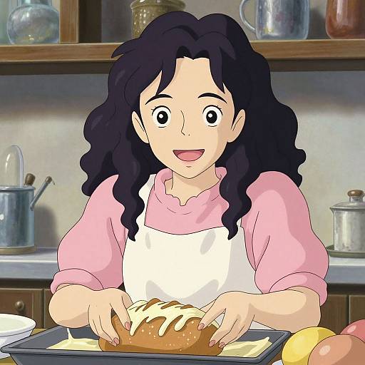 An anime-style illustration of a smiling young girl with long black hair, wearing a pink shirt and white apron, baking a loaf of bread in a