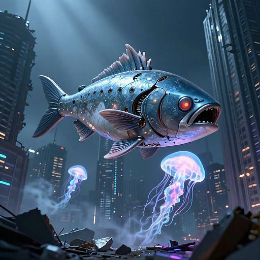 Digital art: Cybernetic fish with glowing red eye, metallic scales, floating above a futuristic cityscape with bioluminescent jellyfish.