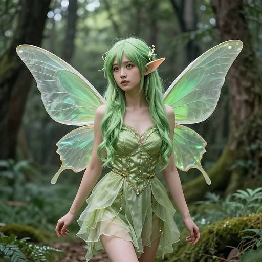 Digital art of a green-haired fairy with translucent wings, elf ears, and a glowing green dress, walking in a lush forest.