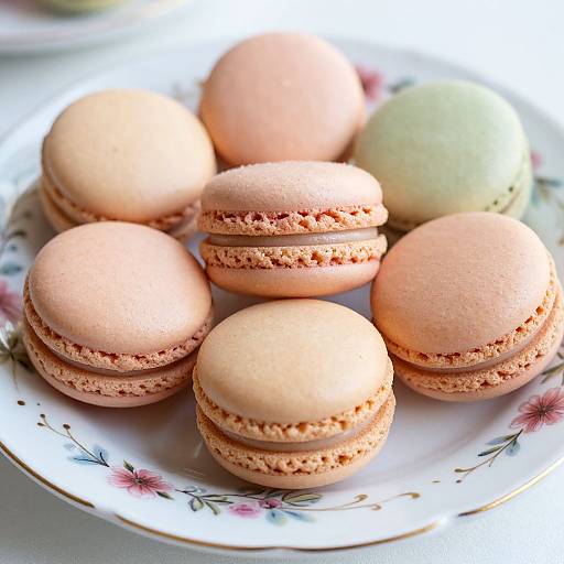 Photograph of six macarons in pastel pink and green, stacked on a white floral-patterned plate, highlighting their smooth, textured shells and