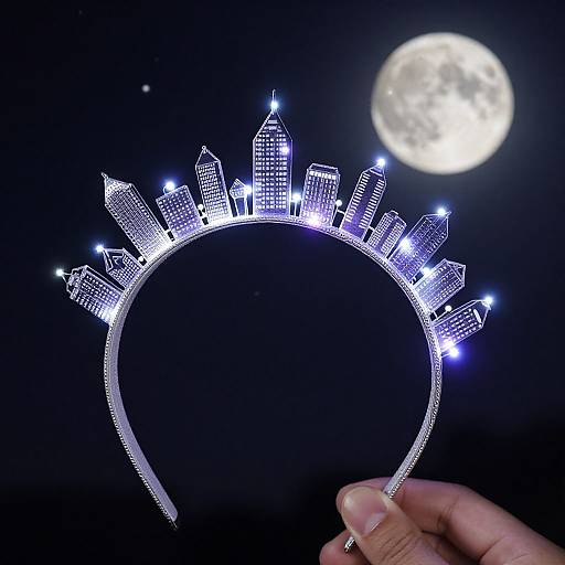 Photograph of a hand holding a glowing, wireframe cityscape headband with illuminated skyscrapers against a dark night sky and full moon.