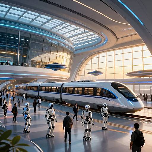 Photograph of a futuristic airport terminal with sleek, silver maglev train, robot security guards, and modern, curved architecture with large windows.