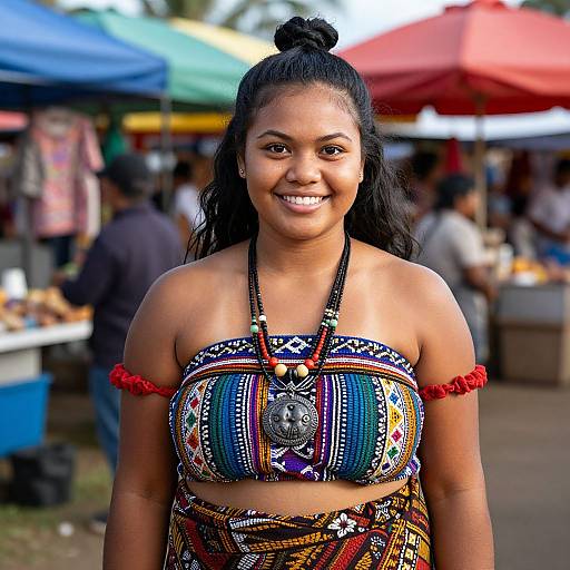 Photograph of a smiling Black woman with long black hair in a bun, wearing a colorful, patterned, strapless top and matching skirt, at