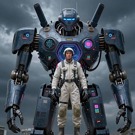 Photograph-style CGI: Human astronaut in white suit stands confidently in front of towering, futuristic blue mecha robot with glowing lights on cloudy, stormy