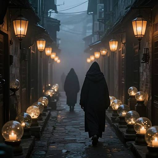 Photograph of a silhouetted person in a hooded cloak walking down a foggy, illuminated alley with glowing lanterns and string lights.