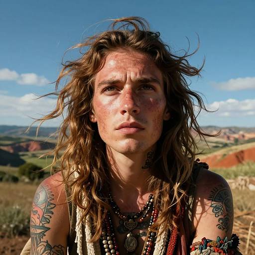 Photograph of a rugged, tattooed man with long, windswept brown hair, wearing tribal jewelry, against a vivid, sunlit desert landscape