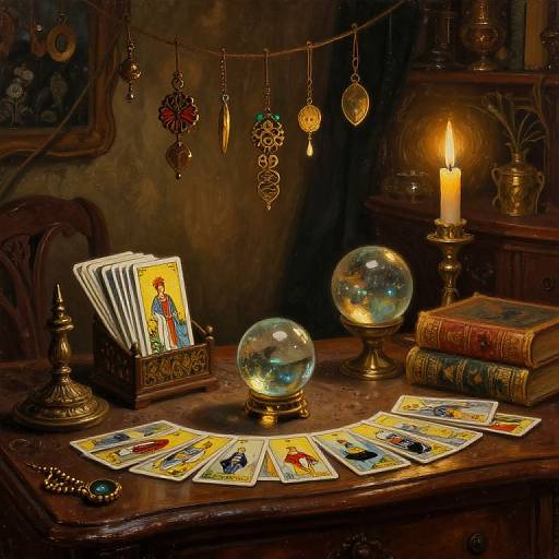 Vintage-style photograph of a dimly lit wooden table with tarot cards, crystal balls, lit candle, ornate jewelry, and hanging pendants.
