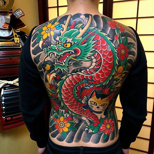 Photograph of a man's back, adorned with vibrant, detailed traditional Japanese dragon and cat tattoo, surrounded by colorful flowers, in a dimly lit
