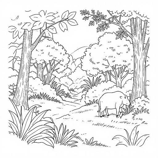 Black and white line drawing of a dense forest with tall trees, lush foliage, and a grazing deer in the background.