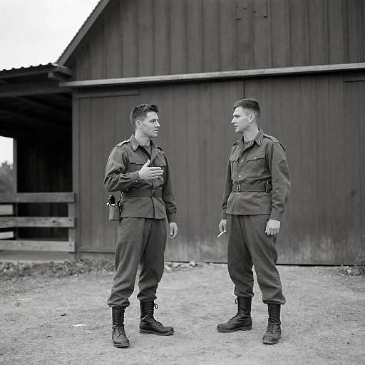 Two Soldiers Standing by Barn in Uniform
