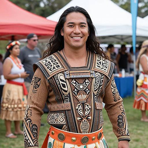 Photograph of a smiling woman with long black hair, wearing an intricate, brown and black patterned Native American-style dress, standing outdoors at a festive