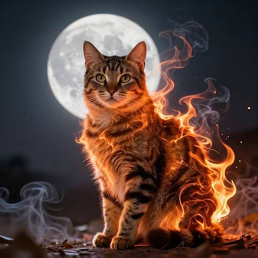 Photograph of a tabby cat with fiery flames surrounding its body, standing in front of a bright full moon, against a dark night sky.