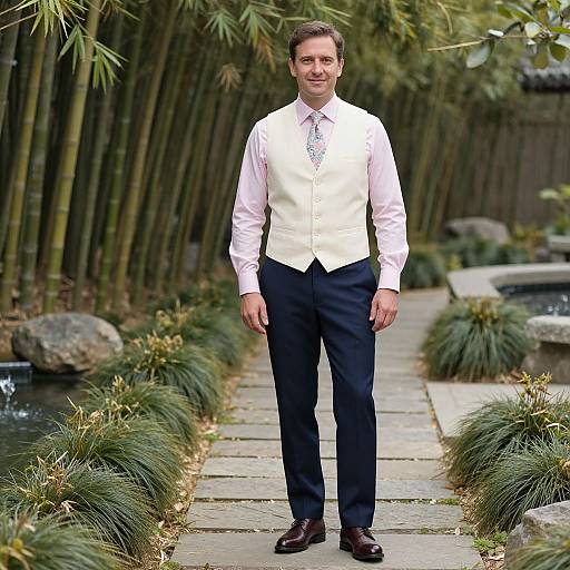 Photograph of a smiling man in a white vest, pink shirt, and navy trousers, standing on a stone path surrounded by bamboo and grasses.