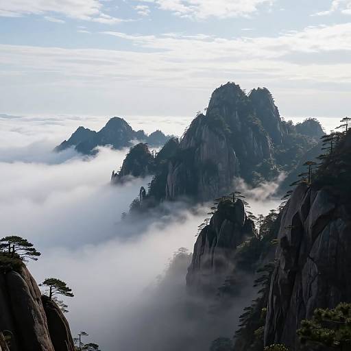 Majestic Mountain Peaks Through Mist