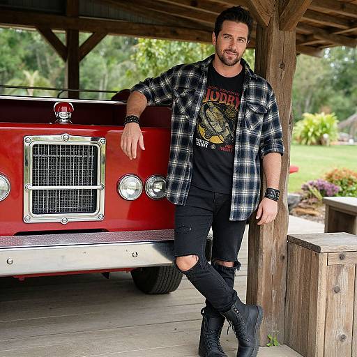 Photograph of a bearded man with dark hair, wearing a black T-shirt, plaid shirt, ripped jeans, and black boots, leaning against