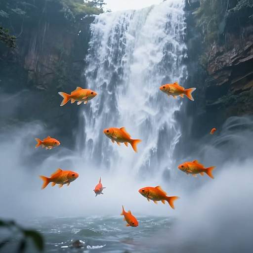 Photograph of vibrant orange goldfish swimming around a powerful, cascading waterfall surrounded by mist and lush, dark green foliage.