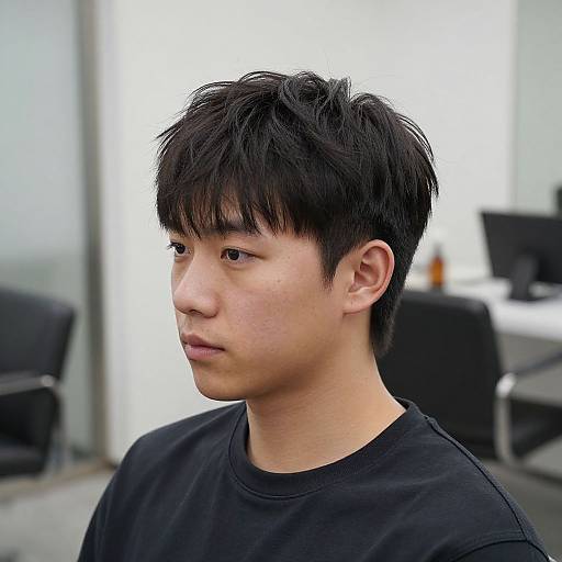 Photograph of a young Asian man with short, messy black hair, light skin, wearing a black shirt, looking to the side in a modern,