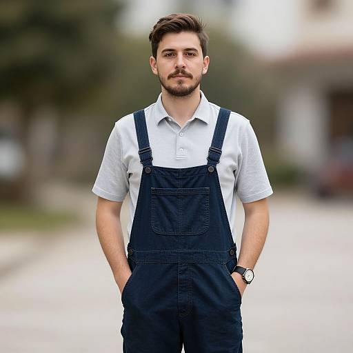 Man in Overalls with Shirt Outdoors