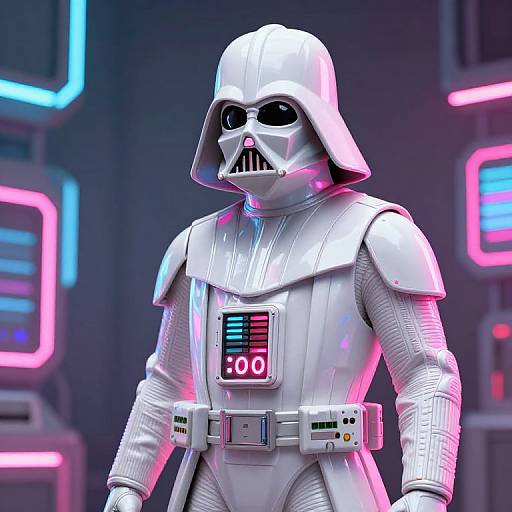 Digital CGI of Darth Vader in a futuristic white armor with neon lights, black mask, and control panels, set against a neon-lit sci-fi background