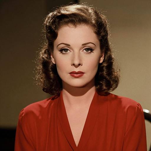 Photograph of a fair-skinned woman with vintage 1940s-style wavy brown hair, wearing a red V-neck blouse, and bold red