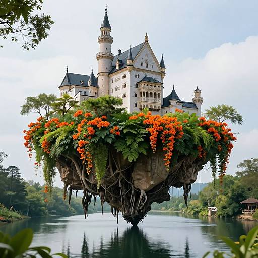 Photograph of a fantasy castle with multiple turrets, floating above a lake on a lush, orange-flowered island surrounded by trees.