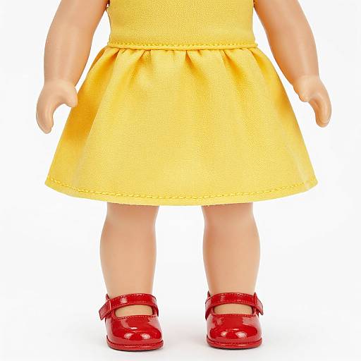 Photograph of a doll's lower body in a yellow dress and red Mary Jane shoes, with light skin and plain white background.